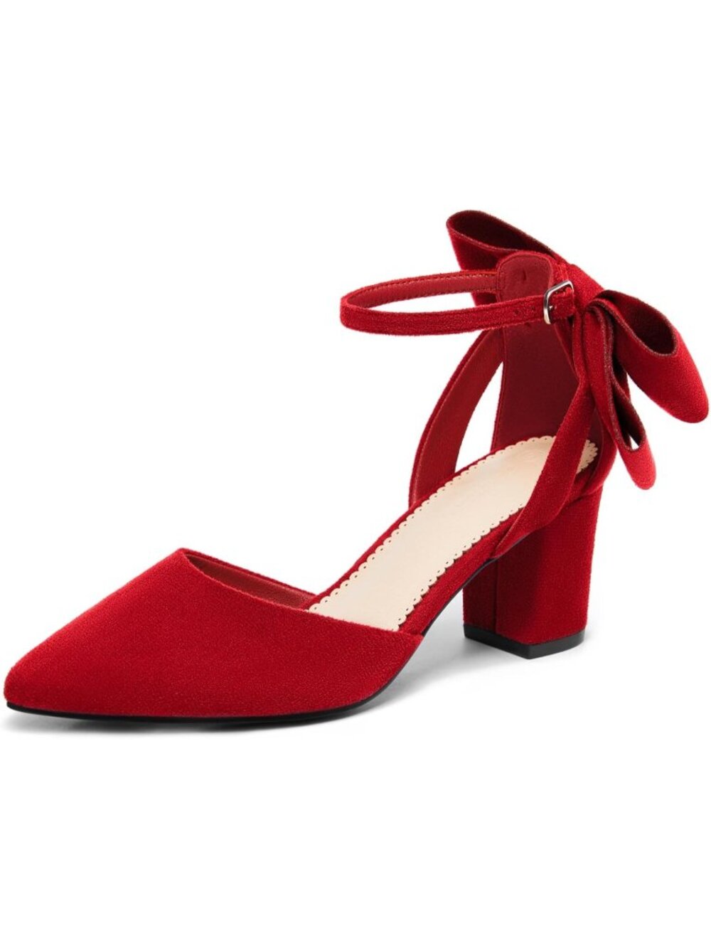 Women's Red Chunky Heels Ankle Strap Pointed Toe Pumps Satin Shoes